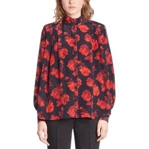 The Kooples Womens Size 0 Red Rose Floral 100% Silk Pleating Shirt Blouse